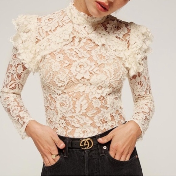 NWT Reformation Celestia Top Lace Long Sleeve Shirt Blouse Mock Ivory Cream - Picture 1 of 12